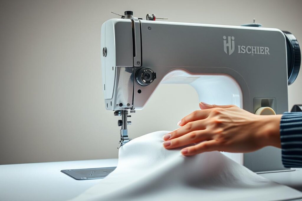 A high-performance sewing machine operating at full throttle, its metallic frame gleaming under crisp studio lighting. The needle races up and down with blinding speed, leaving a trail of precision stitches in its wake. Spools of thread spin rapidly, feeding the machine's insatiable appetite for fabric. In the foreground, a skilled seamstress's hands guide the material, their motion a graceful dance in sync with the machine's rhythmic whirring. The background fades into a soft, neutral tone, allowing the sewing machine's technical prowess to take center stage. Convey the efficiency, power, and controlled chaos of a sewing machine at the height of its performance.