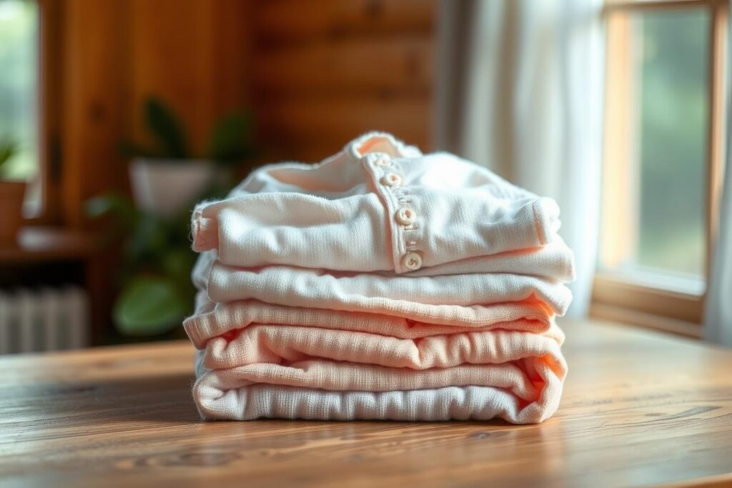 A neatly folded stack of soft, pastel-colored preemie clothes sits on a wooden table against a warm, inviting backdrop. The garments, crafted with delicate stitches and gentle fabrics, emit a sense of care and thoughtfulness. Diffused natural light filters through a nearby window, casting a gentle glow over the scene. The composition emphasizes the small scale of the preemie clothing, highlighting its intended purpose to comfort and protect the tiniest of lives. An atmosphere of serenity and generosity permeates the image, inviting the viewer to consider the meaningful act of donating these handmade treasures.