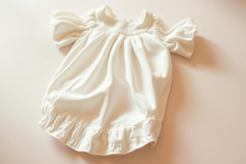 A soft, delicate preemie gown made of lightweight, breathable cotton fabric. The gown has a simple, elegant design with a gentle scoop neckline and short, flutter sleeves that offer comfort and ease of movement for the tiny wearer. Intricate, hand-stitched details along the hem and cuffs add a touch of artisanal charm. The gown is laid flat on a surface with a soft, diffused lighting creating a warm, soothing atmosphere. The camera angle captures the gown from a slightly elevated perspective, showcasing the fine craftsmanship and tender care put into its creation.
