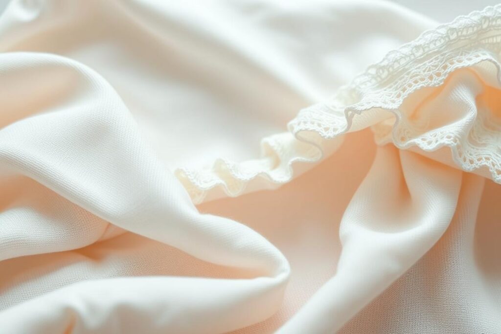 A softly lit, close-up view of an assortment of delicate, pastel-colored fabrics and patterns suitable for preemie clothing. The foreground showcases an array of plush, organic cotton textures, including buttery-soft interlock knits, fine-gauge ribbing, and wispy, breathable gauze. In the middle ground, intricate lace trims, silky satin ribbons, and dainty embroidered accents add subtle elegance. The background subtly fades into a serene, muted palette, evoking a sense of tenderness and care. Crisp, even lighting from above captures the nuanced details and gentle, soothing tones of the essential materials for crafting preemie clothing.
