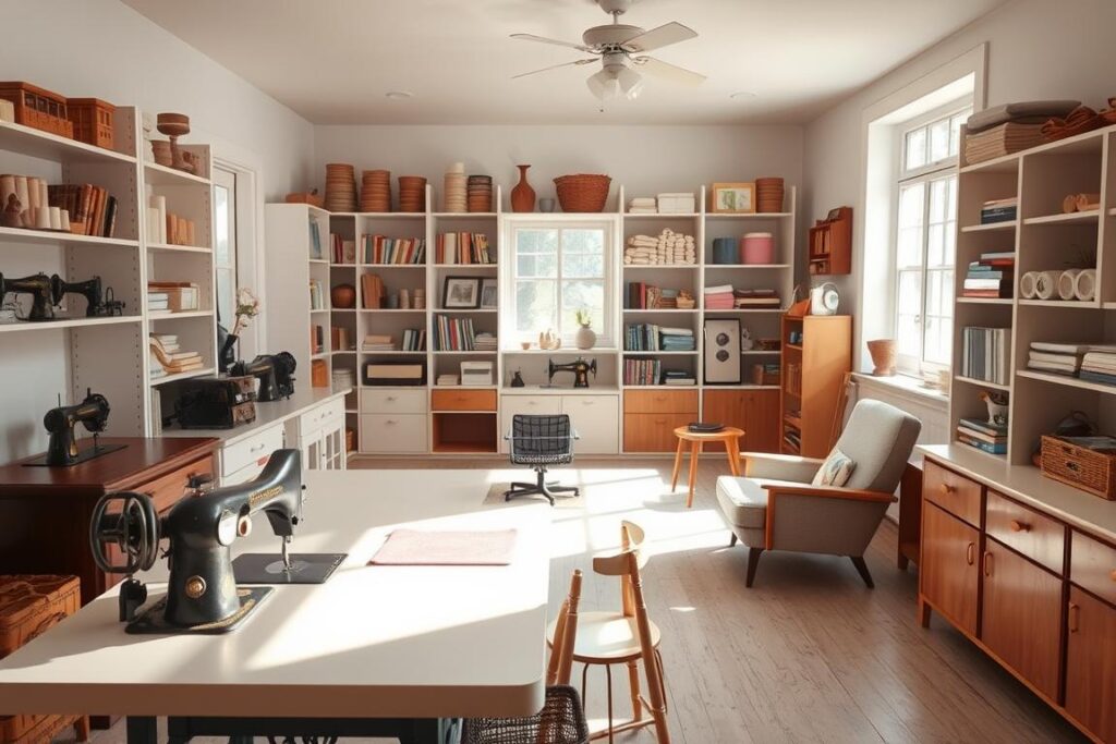 A bright and airy sewing studio with an organized layout, showcasing a variety of vintage and antique sewing machines. In the foreground, a well-lit workbench is positioned centrally, equipped with a vintage Singer and a selection of sewing tools and notions. Along the walls, custom shelving units display a curated collection of spools, fabrics, and other sewing supplies. Natural light filters in through large windows, casting a warm glow across the space. In the background, a cozy seating area invites relaxation, with a mid-century modern chair and a small side table. The overall atmosphere is one of creativity, functionality, and a touch of nostalgia.