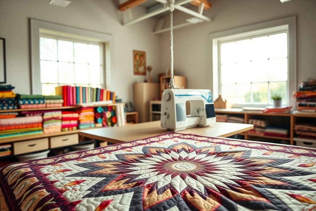 A bright, well-lit studio with a large window illuminating a spacious workbench. On the bench, a Bernina 880 QEE sewing machine sits prominently, its sleek, modern design and chrome accents gleaming. Vibrant bolts of fabric in a variety of colors and patterns are neatly arranged, inviting the user to create a beautiful quilt. In the foreground, a partially completed quilt top lies, showcasing intricate stitching and a complex, geometric pattern. The room has a warm, cozy atmosphere, with a hint of creativity and artistry. The camera angle is from a slightly elevated perspective, capturing the full scene and emphasizing the Bernina 880 QEE as the centerpiece of the quilting process.