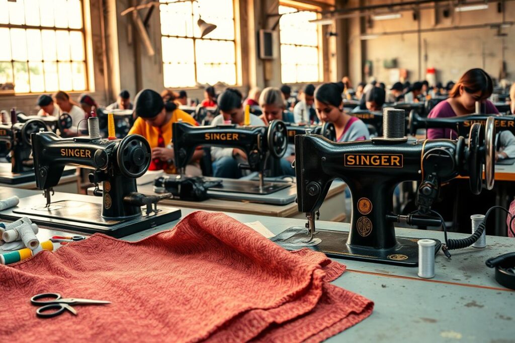 A bustling industrial sewing workshop, with rows of vintage Singer sewing machines humming rhythmically. The scene is bathed in warm, diffused lighting from large windows, casting a soft glow on the fabric-strewn workbenches. In the foreground, skilled hands nimbly guide a piece of rich, textured fabric under the needle, creating intricate stitching patterns. The middle ground showcases an array of traditional and modern sewing tools, scissors, bobbins, and spools of thread in a vibrant color palette. In the background, a group of diverse seamstresses work with focused intensity, each contributing their unique skills to the collective craft of global sewing styles.