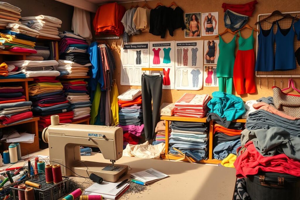 A bustling sewing studio filled with an array of vibrant activewear fabrics, patterns, and tools. In the foreground, a well-worn sewing machine sits amidst a tangle of thread spools and pins, dispelling the misconception that activewear is difficult to construct. In the middle ground, bolts of high-performance fabrics like moisture-wicking lycra and breathable mesh are displayed, challenging the notion that specialty materials are inaccessible. The background showcases a mood board adorned with inspiring activewear designs, hinting at the creativity and versatility possible when sewing this category of clothing. Warm, directional lighting casts dynamic shadows, highlighting the textures and details of the scene. The overall atmosphere conveys the empowering and rewarding experience of sewing one's own customized activewear.