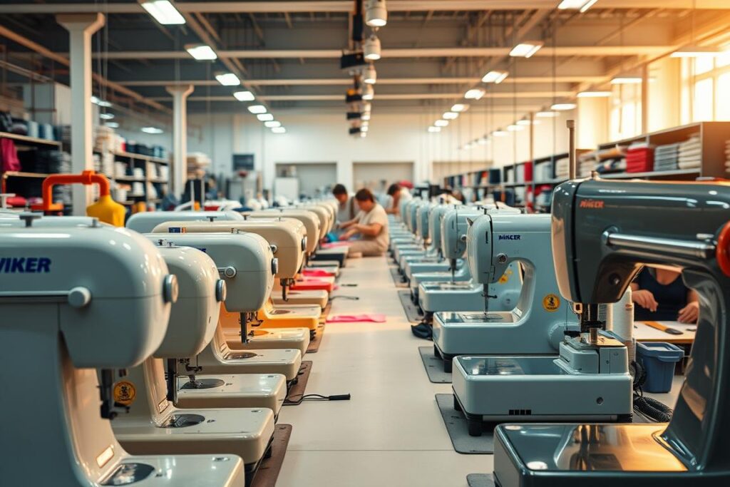 A bustling workspace showcasing the leading brands in the sewing machine industry. In the foreground, a row of high-end, gleaming sewing machines in various colors and styles, from classic to modern designs. In the middle ground, skilled operators meticulously crafting garments, their hands a blur of motion. The background features a panoramic view of a well-lit, spacious factory floor, with racks of fabrics, spools of thread, and a sense of industrious productivity. The lighting is a warm, natural glow, casting a soft, inviting atmosphere. The overall composition conveys the innovative spirit and technical expertise at the heart of the sewing machine industry's top players.