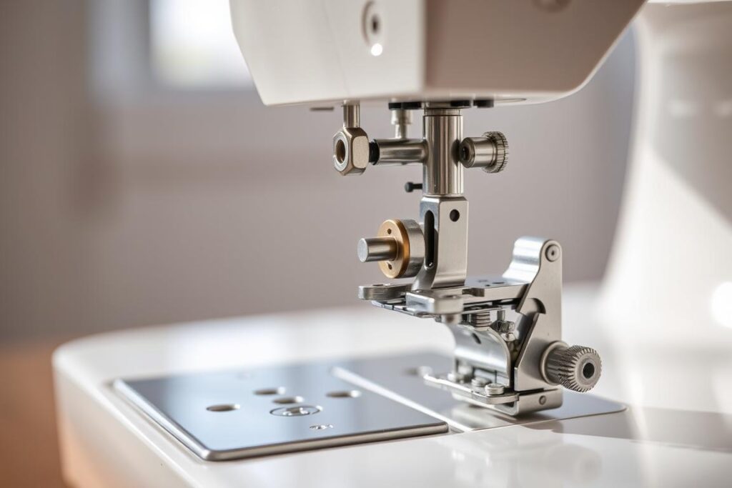 A close-up, detailed image of a buttonhole sewing machine attachment in a well-lit studio setting. The attachment is in the foreground, made of polished metal and plastic components, with intricate mechanisms visible. The middle ground shows the attachment securely mounted on a sewing machine, while the background is softly blurred, creating a focus on the subject. The lighting is natural and diffused, highlighting the textures and contours of the attachment. The overall mood is one of precision engineering and practical utility, befitting a essential sewing machine accessory.