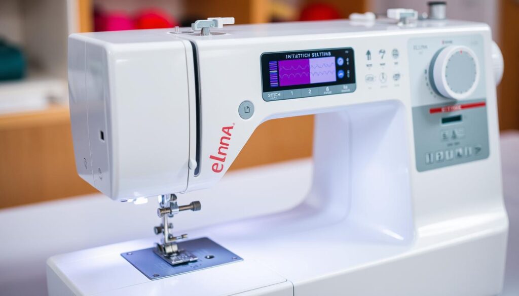 A close-up view of the Elna eXplore340 sewing machine, showcasing its intricate stitching options. The machine is centered in the frame, with a sharp focus on the stitch selection panel. Vibrant colors and soft, even lighting highlight the various stitch patterns and settings, inviting the viewer to explore the machine's versatile functionality. The background is slightly blurred, keeping the attention on the detailed controls and the stitch samples displayed. The overall mood is one of precision, technical excellence, and the joy of sewing.