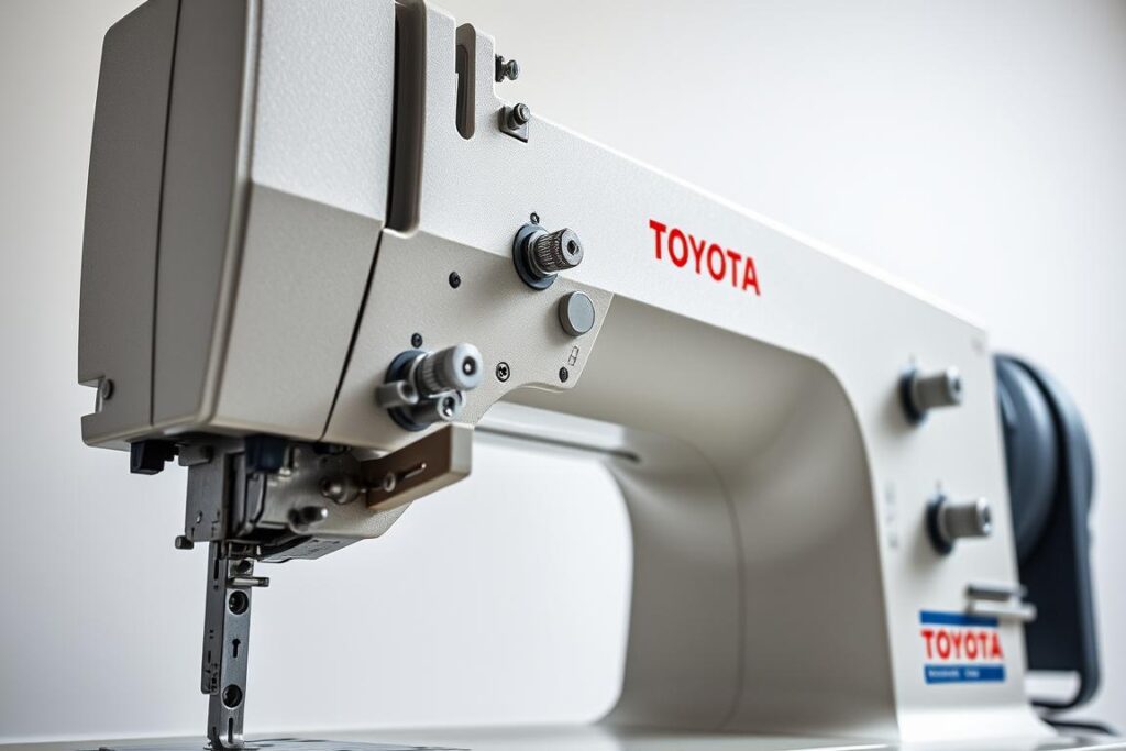 A close-up view of the Toyota Super Jeans 4, a high-quality industrial-grade sewing machine designed for denim enthusiasts. The machine is showcased against a clean, well-lit background, highlighting its sleek, modern design with metallic accents. The camera angle captures the machine's intricate details, such as the sturdy metal frame, precision-engineered components, and the iconic Toyota logo. The lighting is soft and directional, creating depth and emphasizing the machine's robust construction. The overall mood is one of professionalism, showcasing the Toyota Super Jeans 4 as a powerful and reliable tool for serious sewing projects.