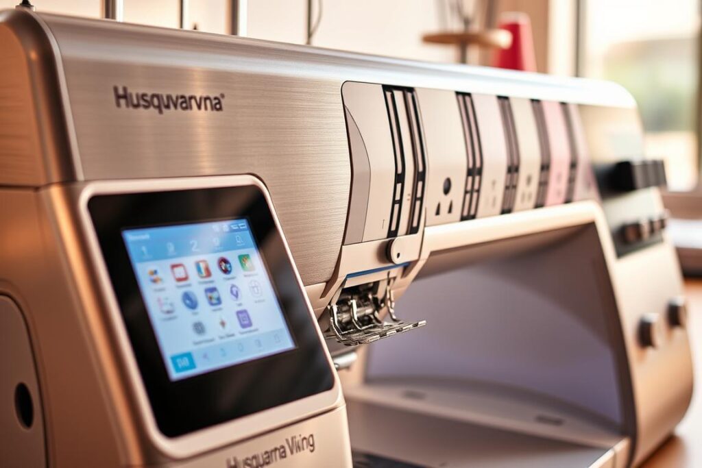 A close-up view of the intricate features of a high-end embroidery machine, the Husqvarna Viking Designer EPIC2. The brushed metal casing is illuminated by soft, warm lighting, casting gentle shadows that accentuate the machine's sleek, modern design. In the foreground, the large, high-resolution color touchscreen display dominates the frame, showcasing the machine's advanced user interface and intuitive controls. In the middle ground, the precision-engineered sewing mechanisms and threading system are visible, hinting at the machine's powerful embroidery capabilities. The background features the machine's array of specialized presser feet, bobbins, and other accessories, all neatly organized and ready for use.