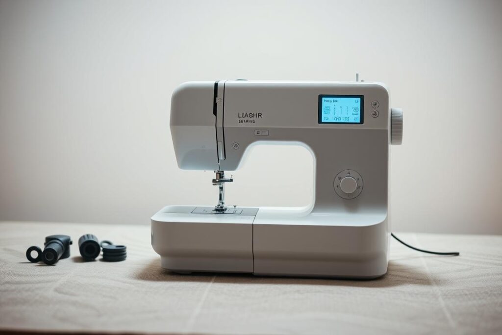 A compact and lightweight sewing machine rests on a well-organized sewing table, its sleek design and intuitive controls inviting the user to create with ease. Soft, diffused lighting from above illuminates the machine's modern aesthetic, while a shallow depth of field places the focus squarely on the sewing apparatus. The background is a minimalist, uncluttered workspace, allowing the machine to shine as the central element. Subtle textures and muted tones convey a sense of calm and efficiency, capturing the essence of a sewing experience that is both seamless and enjoyable.