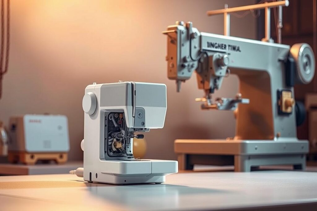 A compact sewing machine sits at the center of the frame, its sleek lines and modern design conveying a sense of efficiency and precision. Soft, warm lighting from above casts gentle shadows, highlighting the machine's intricate mechanisms and exposed components. In the background, a heavy-duty industrial sewing machine stands tall, its robust and sturdy construction a testament to its power and versatility. The two machines, representing the distinct priorities of sewists, are positioned in a way that invites comparison and contemplation. The scene captures the essence of the "Compact vs. Heavy-Duty: What Sewists Prioritize in 2024" section, inviting the viewer to consider the factors that influence their sewing machine preferences.