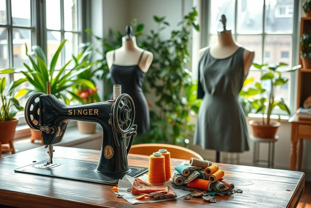 A cozy sewing studio with natural lighting pouring in through large windows. In the foreground, a vintage Singer sewing machine sits atop a wooden table, its intricate mechanisms in focus. Vibrant spools of eco-friendly organic cotton thread and upcycled fabric scraps are neatly arranged nearby. In the middle ground, a tailor's mannequin adorned with a half-finished garment, showcasing the art of sustainable fashion design. The background features a lush, verdant indoor garden, symbolizing the harmony between textile craftsmanship and environmental responsibility. The overall mood is one of tranquility, creativity, and a commitment to a more sustainable future for the sewing community.
