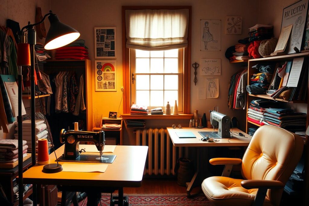 A cozy, well-lit sewing studio with a vintage Singer sewing machine and an ergonomic, adjustable workstation. Warm, soft lighting from a floor lamp and a large window flood the room, highlighting the rich textures of the various fabrics, spools of thread, and sewing notions. The workstation features a sturdy, angled table, a padded chair, and a magnifying lamp to aid in detailed stitching. The walls are adorned with inspirational fabric swatches and sketches, creating a creative, inviting atmosphere. The entire scene conveys a sense of comfort, productivity, and a passion for the art of sewing.