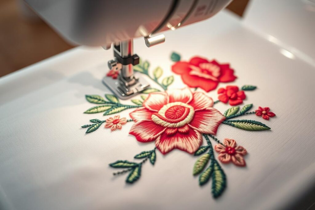 A detailed close-up shot of intricate floral embroidery created on a Bernina 880 QEE sewing machine. The image showcases the machine's precision and advanced features, capturing the rich textures and vibrant colors of the embroidered design. The embroidery is framed by the sleek, modern aesthetic of the Bernina 880 QEE, which is visible in the background. The lighting is soft and diffused, highlighting the delicate stitching and creating a warm, inviting atmosphere. The composition emphasizes the beauty and craftsmanship of the embroidery, showcasing the versatility and power of this high-end sewing machine.