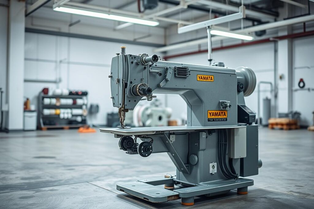 A heavy-duty industrial sewing machine stands prominently in the foreground, its metal frame and intricate mechanisms gleaming under the bright, overhead lighting. In the middle ground, spools of thread and various sewing accessories are neatly arranged, hinting at the machine's impressive capabilities. The background features a clean, minimalist workshop environment, with concrete floors and white walls, allowing the machine to be the focal point. The overall mood is one of precision, power, and professional craftsmanship, reflecting the technical specifications of the Yamata FY-8700 model.