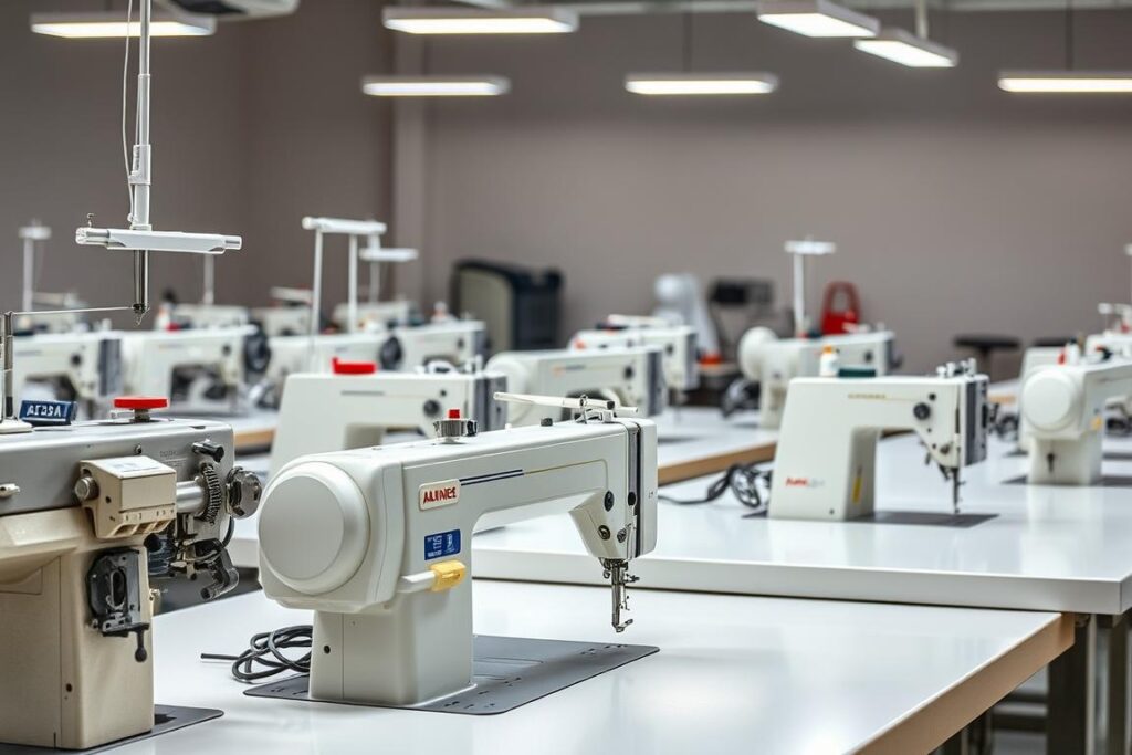 A high-quality industrial sewing machine workshop, with various models and styles of professional sewing machines neatly arranged on a clean, well-lit workbench. The machines are depicted in crisp, detailed focus, showcasing their intricate mechanisms and sleek, modern designs. The lighting is bright and evenly distributed, creating a sense of clarity and precision. The background is a neutral, uncluttered space, allowing the machines to take center stage and emphasize their importance as essential tools in the fashion industry. The overall atmosphere conveys a sense of efficiency, innovation, and technological sophistication, befitting the leading brands in the industrial sewing machine market.