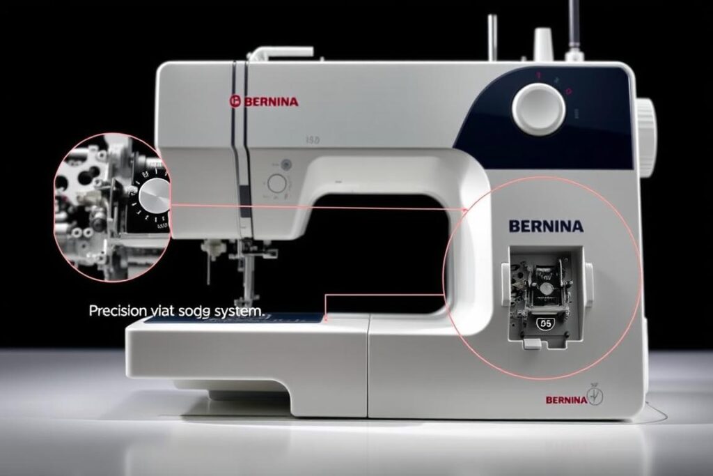 A high-quality, technical illustration of the revolutionary features of the Bernina 830 Record sewing machine, captured in a well-lit, high-contrast studio setting with a shallow depth of field. In the foreground, the precision pressure adjustment dial and feed dog system are prominently displayed, highlighting the innovative advancements that set this model apart. The middle ground showcases the intricate stitching mechanisms, while the background subtly features the machine's sleek, ergonomic design. The image conveys a sense of engineering prowess and the groundbreaking impact of the Bernina 830 Record on the sewing industry.
