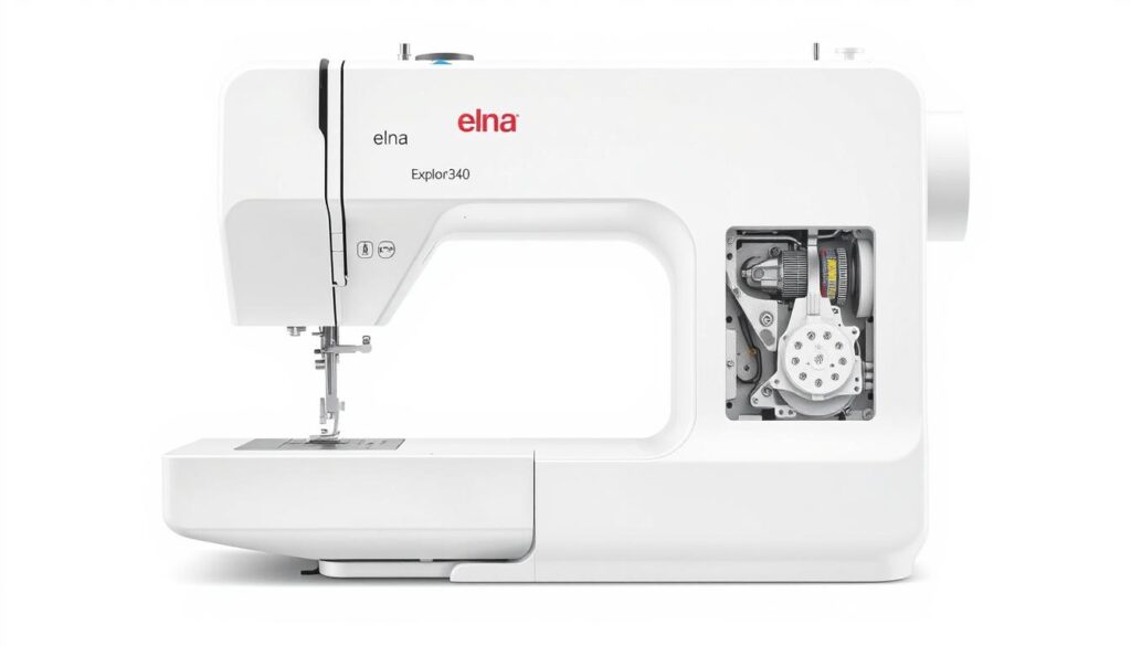 A highly detailed, technical illustration of the Elna eXplore340 sewing machine, showcasing its intricate components and precise mechanical design. The image should have a clean, professional appearance, with a white background that allows the machine's features to stand out. Capture the machine from an oblique angle, highlighting its sleek, ergonomic form and emphasizing the precision engineering that goes into its construction. Include close-up views of key components like the needle, bobbin system, and feed dogs, rendering them with meticulous accuracy. Convey a sense of the machine's advanced capabilities and sturdy, reliable build quality through a masterful use of lighting and textures.