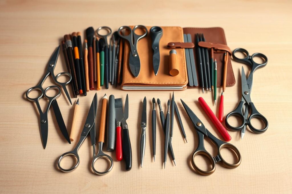 A meticulously arranged collection of high-quality craft tools resting on a clean, minimalist wood-grain surface, bathed in warm, soft lighting that accentuates their elegant, functional design. In the foreground, an array of precision scissors, delicate paintbrushes, and intricate sewing needles, each item expertly positioned to showcase its unique form and purpose. The middle ground features a selection of ergonomic tools, such as a sleek rotary cutter and a well-worn leather-bound sketchbook, hinting at the creative process. The background subtly blends into a neutral, muted tone, allowing the tools to take center stage and inspire a sense of artistic potential and productivity.