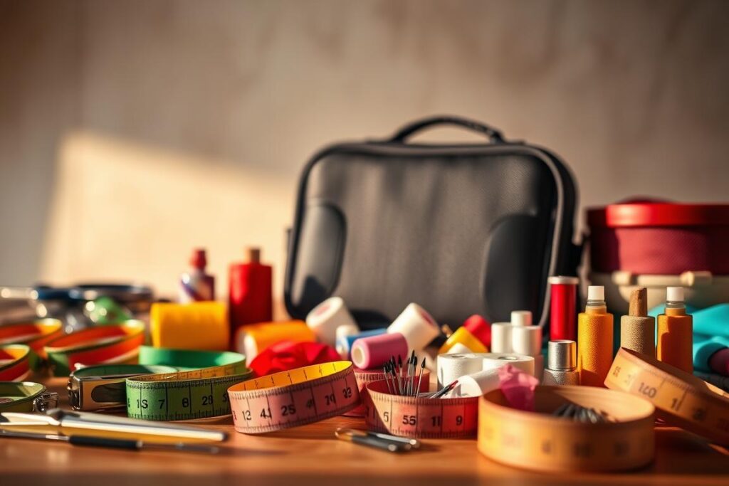 A meticulously arranged tableau of essential sewing accessories, illuminated by warm, natural lighting and captured from a low, dynamic angle. In the foreground, an assortment of vibrant, high-quality sewing tools - scissors, tape measures, bobbins, and needles - are neatly displayed. In the middle ground, a compact, sturdy sewing kit case takes center stage, its sleek design and practical organization hinting at the comprehensive range of supplies within. The background features a softly blurred, neutral backdrop, allowing the sewing essentials to take center stage and highlighting their purpose and utility.