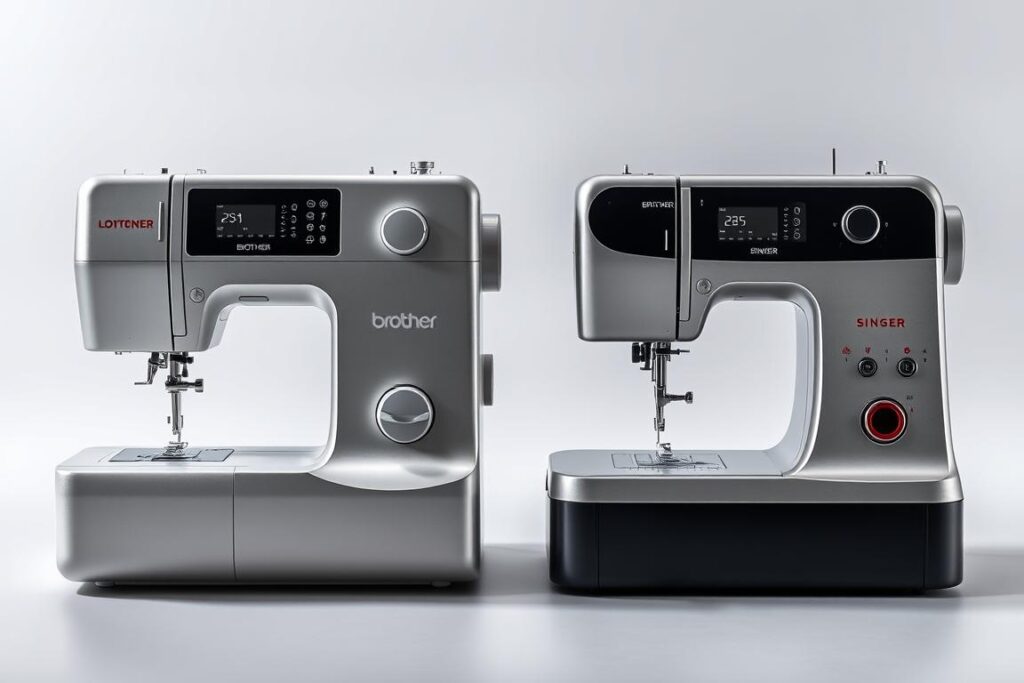 A meticulously lit, high-resolution studio photograph of two sewing machines from the leading brands, Brother and Singer, positioned side-by-side on a sleek, minimalist gray backdrop. The machines are framed in a clean, symmetrical composition, their polished metal bodies and advanced digital displays prominently showcased. Crisp, even lighting from multiple angles highlights the intricate details and premium finishes, while subtle shadows add depth and dimensionality. The overall scene conveys a sense of refined technology, quality craftsmanship, and price-point comparison between these two iconic sewing machine brands.
