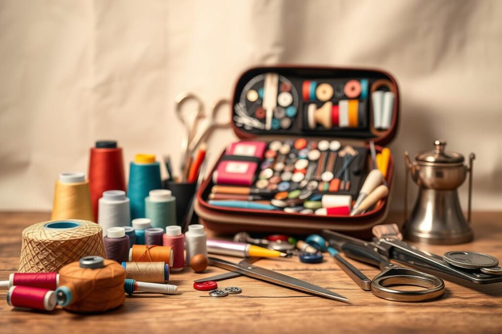 A neatly arranged collection of sewing tools and accessories against a soft, natural-looking background. In the foreground, an array of colorful spools of thread, sharp scissors, and a pincushion sit atop a wooden surface. In the middle ground, a well-organized sewing kit with various compartments reveals an assortment of needles, buttons, and other essential sewing notions. The lighting is warm and ambient, creating a cozy, inviting atmosphere. The perspective is slightly elevated, giving a comprehensive view of the sewing items, conveying a sense of organization and practicality for the "Ultimate Stitching Companion".