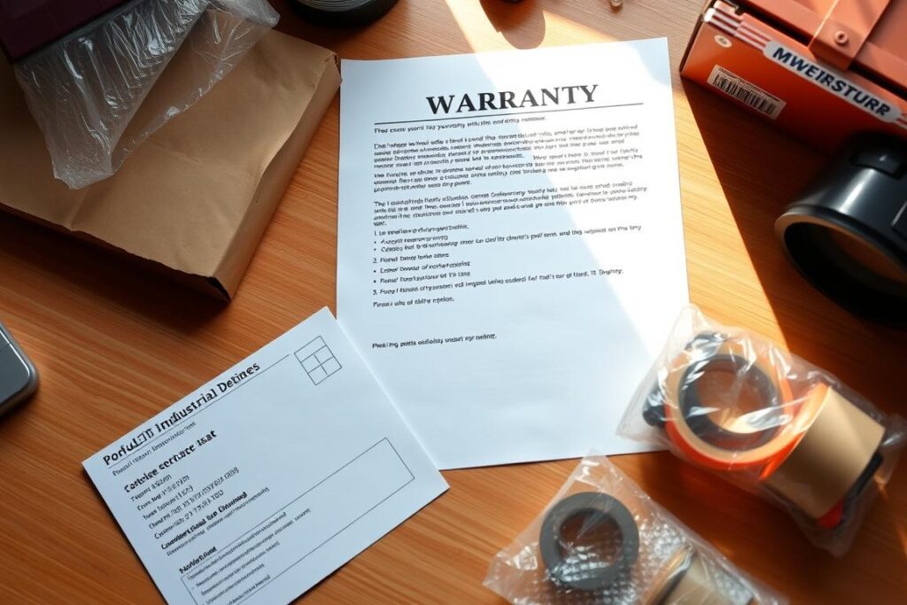 A neatly arranged desk showcasing a product warranty document, shipping label, and packing materials. The scene is bathed in warm, natural lighting, creating a sense of professionalism and attention to detail. The warranty details are prominently displayed, highlighting key information such as coverage period and manufacturer's contact. The shipping label showcases the product's destination, while the packing materials, including bubble wrap and packing tape, convey the care taken in ensuring the safe delivery of the item. The overall composition emphasizes the importance of warranty and shipping considerations for a high-quality, industrial-grade product.