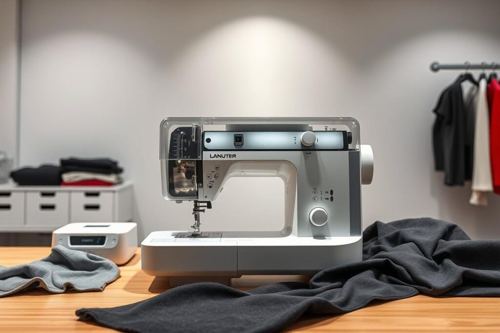 A neatly organized sewing workstation with a modern, high-quality sewing machine positioned in the center. The machine has a clear acrylic cover, showcasing its internal mechanisms and settings like tension, stitch length, and zigzag width controls. The workspace is well-lit, with a combination of soft, diffused overhead lighting and directional task lighting illuminating the sewing area. The background features a clean, minimalist space, allowing the sewing machine and its settings to be the focal point. Textured fabrics, such as stretchy athletic knits and smooth performance materials, are arranged nearby, hinting at the machine's capabilities for activewear construction.