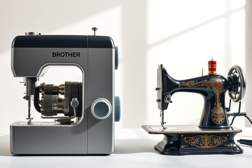 A pristine, well-lit studio setting showcasing a comparative display of two iconic sewing machines - a modern Brother and a classic Singer. The foreground features the machines side-by-side, their intricate components and controls meticulously detailed. The middle ground highlights their distinct design elements, with the Brother's streamlined aesthetic contrasting the Singer's ornate, vintage styling. The background is a soft, neutral backdrop that allows the machines to take center stage, bathed in natural, directional lighting that emphasizes their textures and finishes. The overall mood is one of thoughtful, technical analysis, inviting the viewer to closely examine and compare the key features of these two market-leading sewing machine brands.