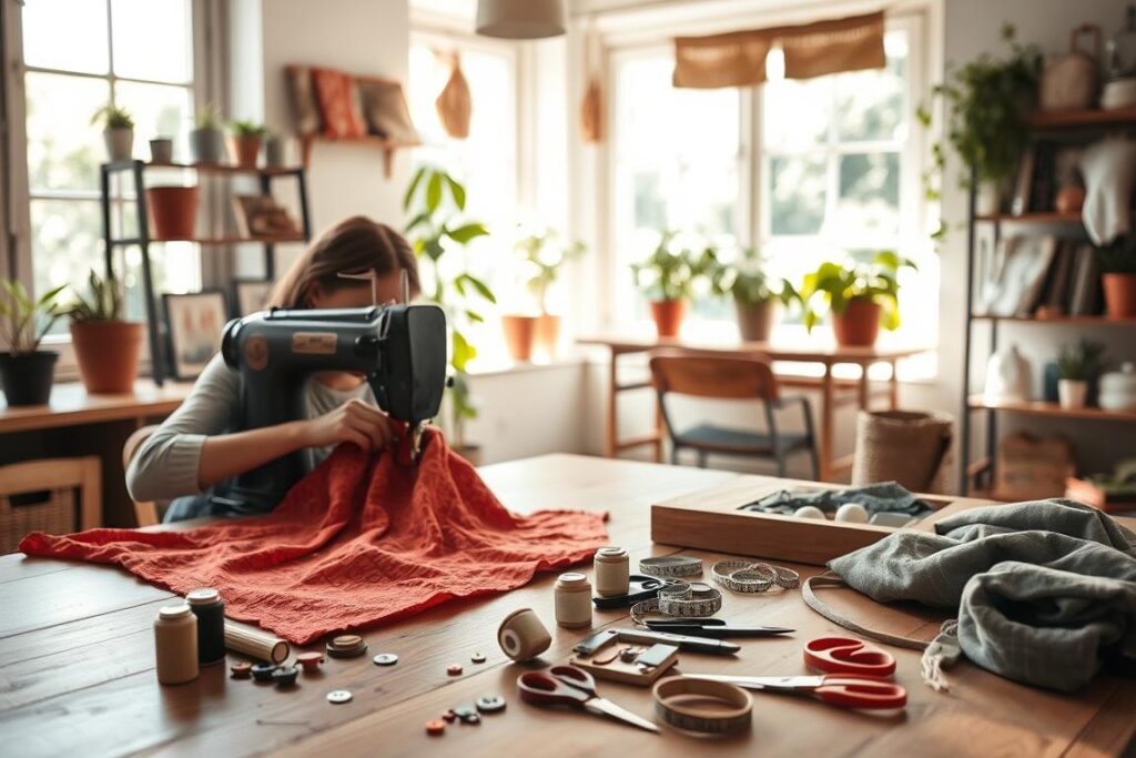 A serene sewing studio bathed in soft, natural lighting. In the foreground, a skilled seamstress carefully stitches a vibrant, organic fabric using a vintage sewing machine. Sustainable notions like bamboo thread and recycled buttons lay nearby. In the middle ground, a collection of eco-friendly sewing tools - shears, pins, and measuring tapes - are neatly organized on a wooden workbench. The background features potted plants, shelves displaying handcrafted textile goods, and large windows overlooking a lush, verdant garden - a tranquil, inspirational setting for sustainable sewing practices.