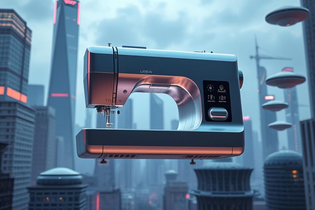 A sleek, modern sewing machine hovers amidst a futuristic cityscape, its metallic frame gleaming under neon-tinged lighting. The machine's form is streamlined, with intuitive digital controls and a holographic interface, hinting at advanced automation and intelligent features. In the background, towering skyscrapers and hovering transport pods suggest a world of cutting-edge technology and design. The scene conveys a sense of innovation and progress, capturing the future trends that will shape the sewing machine industry.