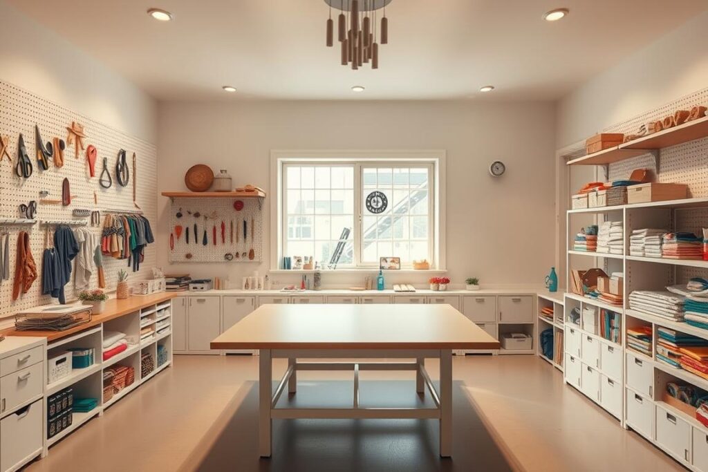 A spacious, well-lit craft room with an organized, minimalist aesthetic. Pegboards line the walls, displaying a variety of craft tools and supplies in a visually appealing manner. A large, sturdy worktable dominates the center, offering ample space for projects. Shelves and storage units flank the walls, neatly containing fabrics, papers, and other creative materials. Soft, diffused lighting from overhead fixtures casts a warm glow, creating a serene and productive atmosphere. A large window allows natural light to flood the space, complementing the clean, uncluttered design. The room exudes a sense of order and efficiency, inspiring crafters to focus on their creative endeavors.
