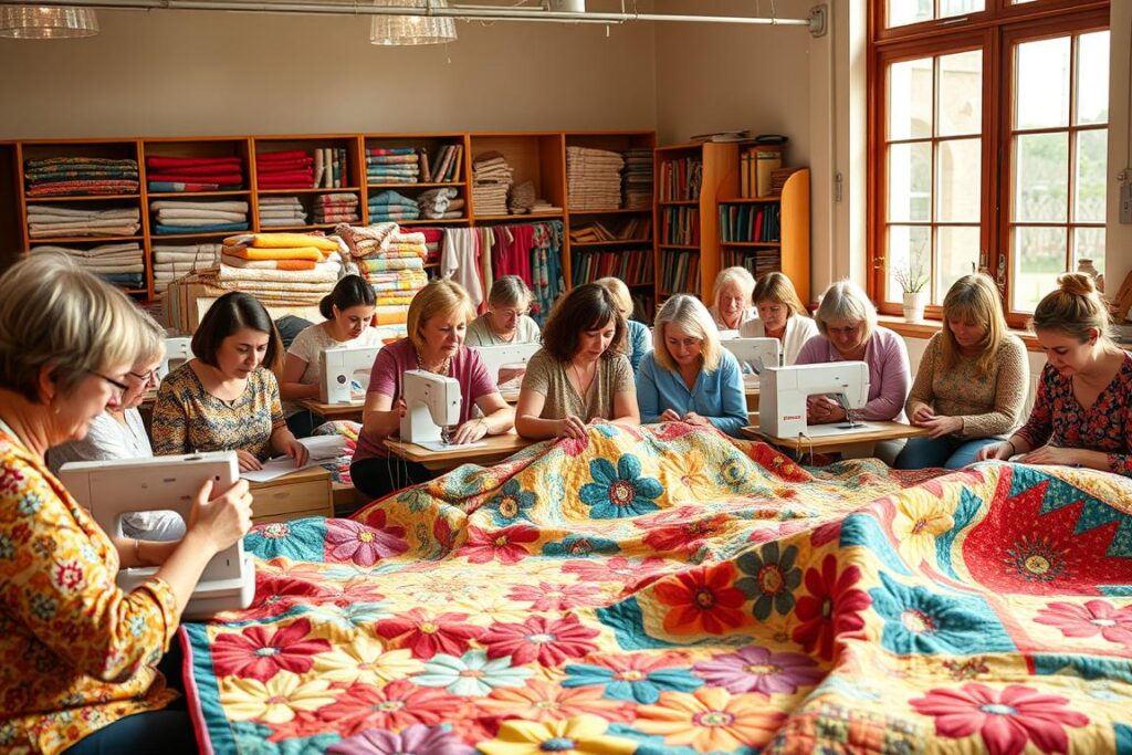 A vibrant, modern quilting community gathered in a sunlit studio, their hands skillfully weaving intricate patterns of fabric. In the foreground, a diverse group of quilters, their faces alight with creativity, collaborate on a large, colorful quilt that takes shape under their nimble fingers. Midground, sewing machines hum as quilters carefully stitch their unique designs, while bolts of vibrant fabrics and spools of thread line the shelves behind them. The background features large windows letting in warm, natural light that illuminates the collaborative spirit and camaraderie of this thriving quilting collective. An atmosphere of inspiration, passion, and shared artistic expression permeates the scene.