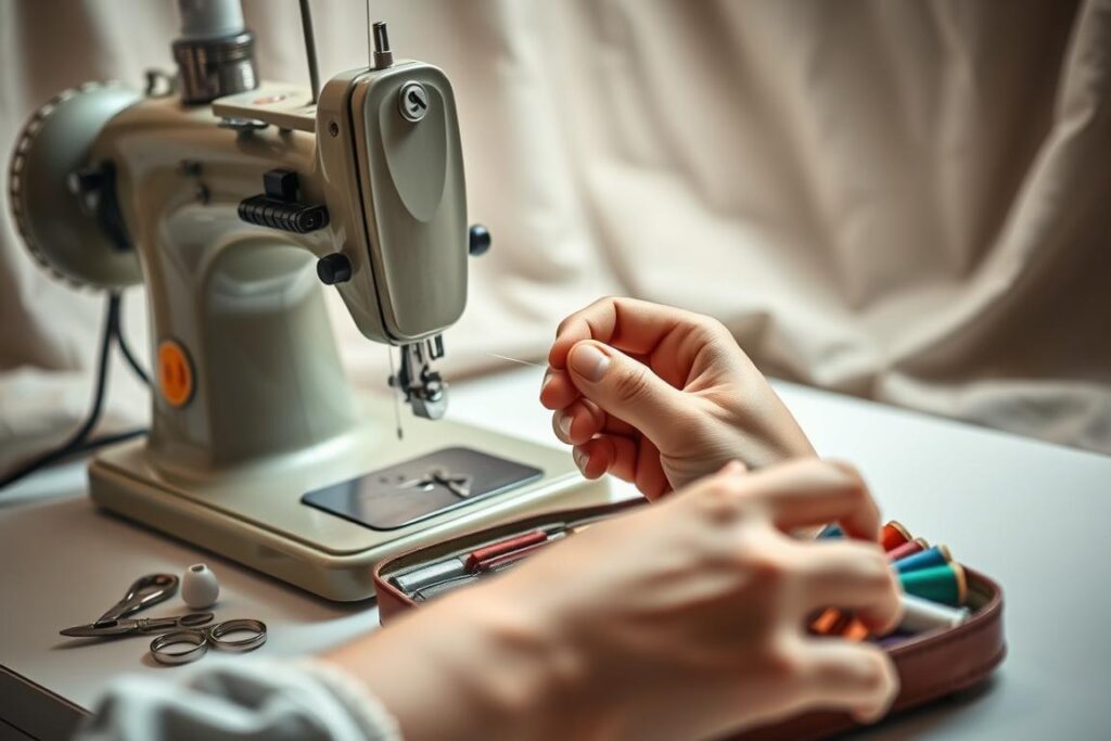 A well-lit, clean sewing workstation with a vintage-style sewing machine, bobbins, needles, and a selection of colorful threads. In the foreground, a pair of skilled hands expertly threading a needle, the focus on the intricate details. The middle ground showcases an open sewing kit containing an assortment of sewing accessories - scissors, thimbles, pincushions, and spools of thread in an array of hues. The background features a soft, blurred textile pattern, suggesting the textiles that will be the canvas for the sewing work. The overall scene conveys a sense of care, attention to detail, and the timeless craft of sewing maintenance.