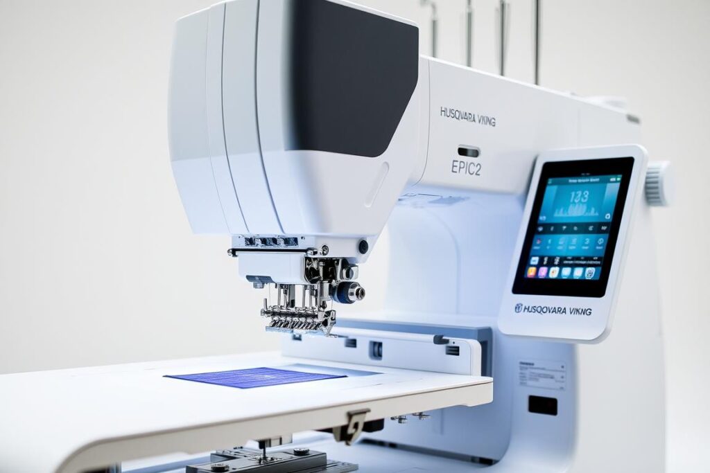A well-lit, detailed close-up shot of the Husqvarna Viking Designer EPIC2 embroidery machine, showcasing its advanced features and premium craftsmanship. Capture the sleek, modern design with silver accents and the intuitive touchscreen interface. Highlight the intricate stitching mechanism, precision needle positioning, and advanced threading system that enable expert-level embroidery. Portray the machine in a professional, technical setting with a clean, neutral background that emphasizes its engineering excellence and suitability for discerning crafters. Convey a sense of quality, innovation, and the machine's ability to elevate the embroidery experience.