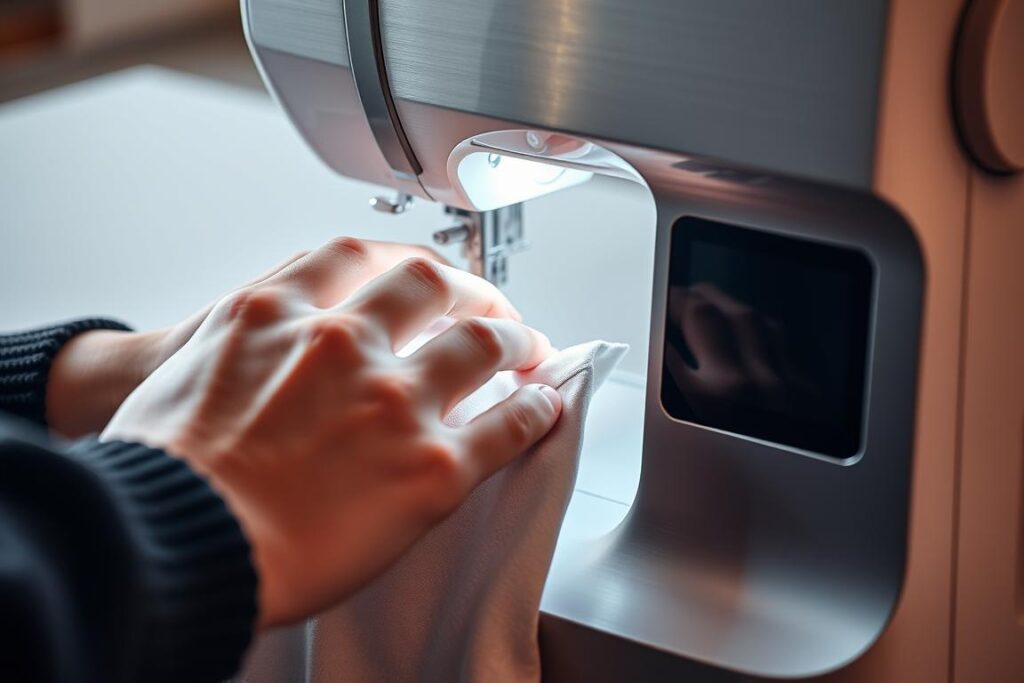 A well-lit, high-resolution close-up image of a person's hands operating a modern, state-of-the-art sewing machine. The hands gracefully glide the fabric through the machine, with their movements showcasing the intuitive and seamless user experience. The sewing machine should have a sleek, contemporary design with clean lines and a brushed metal finish. The background is blurred, putting the focus entirely on the user's hands and the sewing machine. Soft, directional lighting illuminates the scene, creating depth and highlighting the textures of the materials. The overall mood is one of precision, efficiency, and a sense of satisfaction with the sewing process.