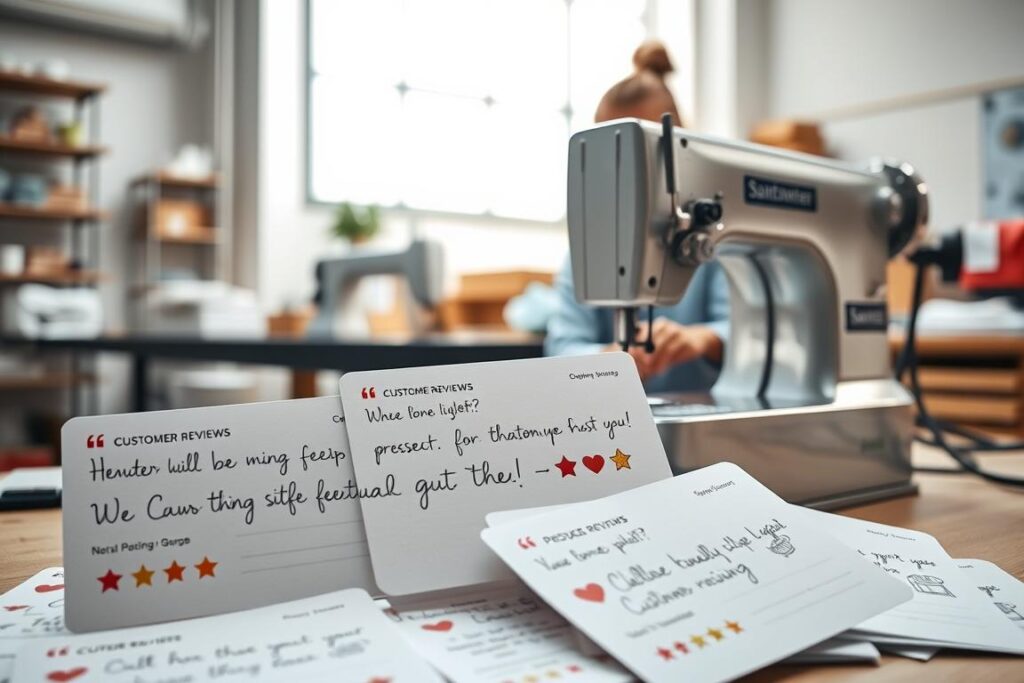 A well-lit, high-resolution image of customer reviews and feedback for a professional-grade sewing machine. The foreground features a collection of customer review cards, each with a handwritten message, a star rating, and a product image. The middle ground showcases the sewing machine in use, with a skilled seamstress operating it. The background depicts a modern, minimalist workshop setting with clean lines, natural lighting, and a sense of productivity. The overall mood is one of authenticity, reliability, and customer satisfaction.