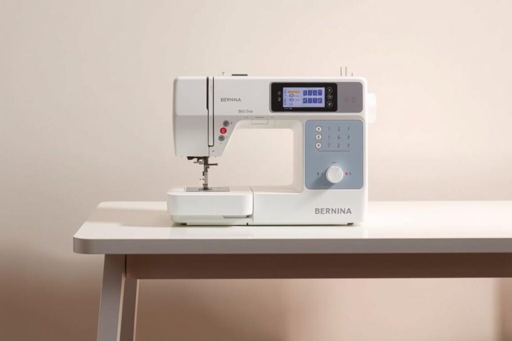 A well-lit, high-resolution photograph of a Bernina 880 QEE sewing machine placed on a clean, minimalist table. The machine is shown from a slightly elevated angle, showcasing its sleek, modern design with a focus on the user-friendly interface and intuitive controls. The background is a soft, neutral gray, creating a sense of simplicity and elegance. The lighting is warm and diffused, highlighting the machine's premium materials and attention to detail. The overall composition conveys the ease of use and seamless user experience of the Bernina 880 QEE, perfectly complementing the "Ease of Use and User Experience" section of the article.