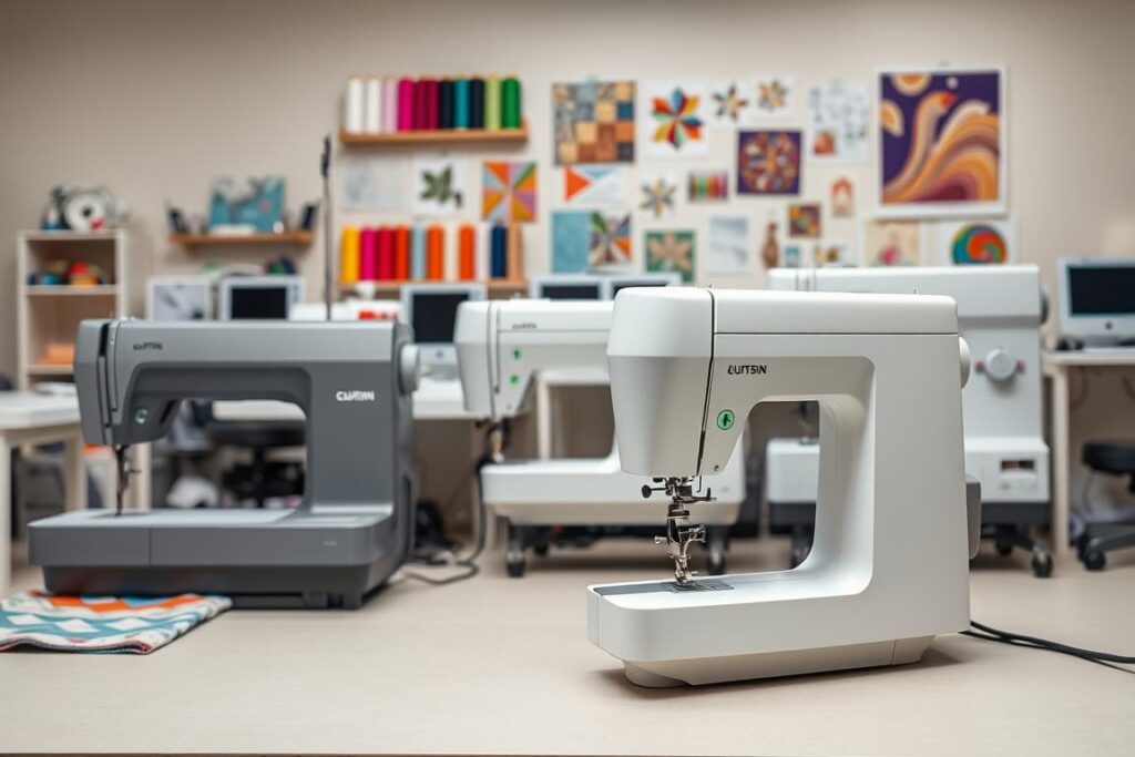 A well-lit, high-resolution photograph of several modern quilting machines arranged in a studio setting. The machines are positioned prominently in the foreground, showcasing their advanced features and sleek, ergonomic designs. The middle ground features spools of colorful thread, quilting patterns, and other quilting tools, creating a visually interesting and informative composition. The background has a soft, blurred backdrop, allowing the quilting machines to take center stage. The overall mood is one of professionalism, innovation, and a celebration of the quilting craft.