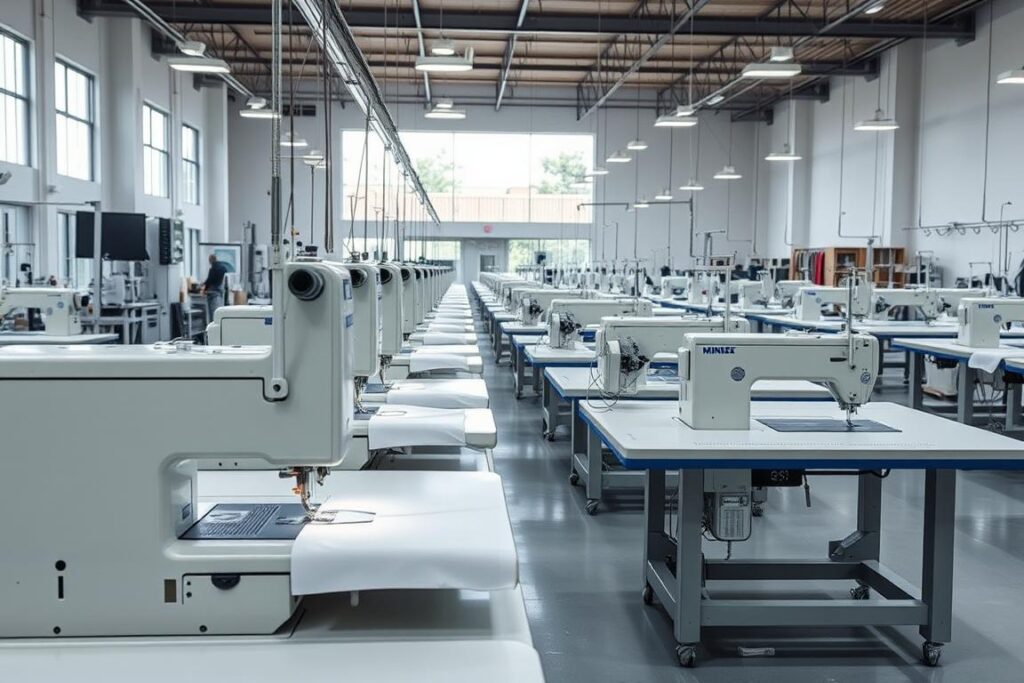 A well-lit industrial sewing workshop, with a central focus on a row of state-of-the-art industrial sewing machines. The machines are modern, sleek, and gleaming, with metal frames and precise controls. In the foreground, the machines are in action, with fabric being sewn swiftly and efficiently. The middle ground reveals other essential equipment such as cutting tables, fabric rolls, and specialized tools. The background showcases the workshop's expansive space, with high ceilings, large windows allowing natural light to flood the area, and a clean, organized layout. The overall atmosphere conveys a sense of productivity, innovation, and a commitment to high-quality fashion manufacturing.