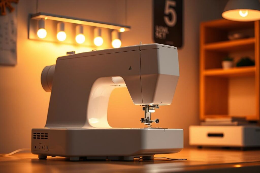 A well-lit sewing machine sitting on a wooden table, its mechanical components elegantly illuminated by a row of warm, energy-efficient LED lights mounted discreetly above. The lights cast a soft, flattering glow, highlighting the machine's sleek, modern design and providing ample visibility for intricate stitching. The scene is captured in sharp focus, with a shallow depth of field that subtly blurs the background, drawing the viewer's attention to the practical yet stylish lighting setup. An atmosphere of focused productivity and budget-friendly functionality pervades the image.