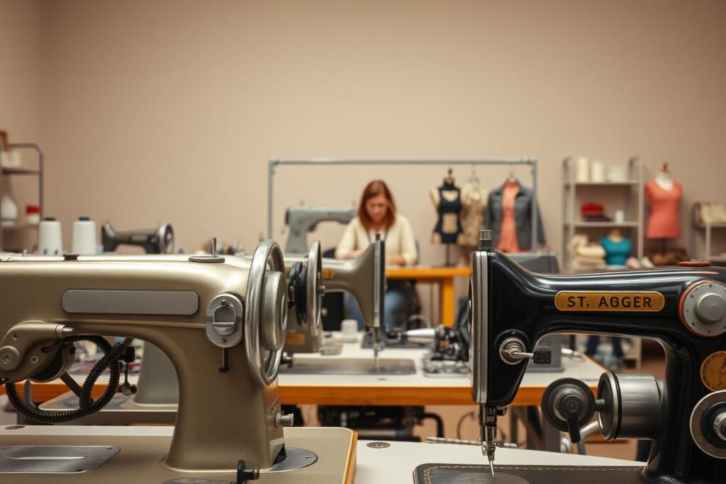 A well-lit studio interior with a row of vintage industrial sewing machines arranged in the foreground. The machines have a mix of classic and modern designs, with gleaming metal bodies and intricate mechanisms visible. In the middle ground, a seamstress is visible, focused on her work, surrounded by spools of thread, fabric bolts, and other sewing supplies. The background features a neutral-colored wall, creating a clean, professional atmosphere. The scene conveys a sense of skilled craftsmanship and the tools of the fashion industry trade.