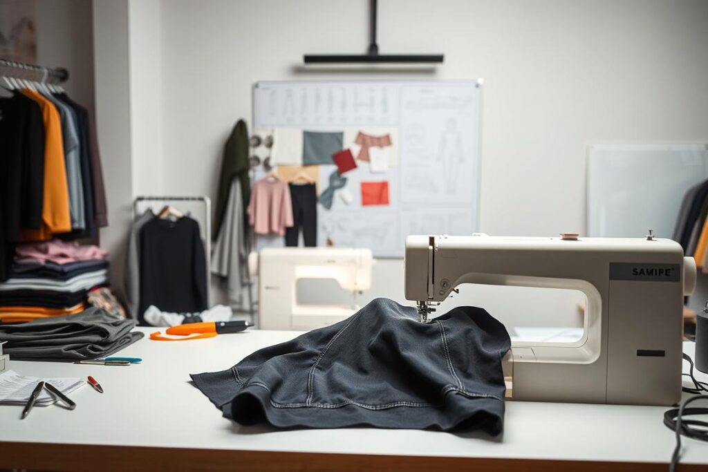A well-lit studio setting with a seamstress's workbench in the foreground, featuring an array of sewing tools, fabrics, and a sewing machine. In the middle ground, a piece of activewear garment being carefully sewn, highlighting the intricate process of mastering seams and hems. The background showcases a visual reference board with various textile samples and technical illustrations, providing context for the sewing techniques. The lighting is soft and even, creating a serene, focused atmosphere conducive to the detailed work at hand. The overall composition conveys a sense of expertise, attention to detail, and the importance of understanding the technical aspects of sewing activewear.