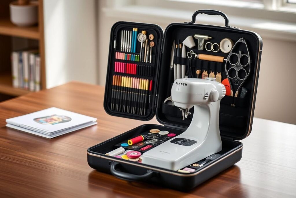 A well-lit tabletop scene showcasing the Singer Sew-It-Goes 224 Piece Sewing Kit & Craft Organizer Sewing Case. The kit is open, displaying an array of sewing essentials - needles, thread spools, scissors, buttons, and other tools - arranged neatly in a sleek, compact case. The case itself is positioned prominently, allowing the viewer to appreciate its design and construction. Soft, directional lighting highlights the quality and attention to detail of the kit, conveying a sense of craftsmanship and value. The overall composition emphasizes the pricing and cost-effectiveness of this comprehensive sewing solution, positioning it as an essential tool for the home seamstress.