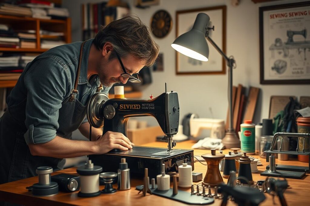 A well-lit workshop interior with a sturdy, vintage-style sewing machine at the center. The machine sits on a wooden table, its mechanisms exposed for inspection. A sewing enthusiast, clad in a denim apron, leans in closely, closely examining the machine's inner workings with a magnifying glass. Nearby, an array of meticulously organized tools and supplies - spools of thread, bobbins, oil cans, and a selection of specialty presser feet. The soft glow of a desk lamp illuminates the scene, casting a warm, focused ambiance. The background features shelves of sewing books and a framed vintage sewing pattern hanging on the wall, hinting at the owner's dedication to the craft.