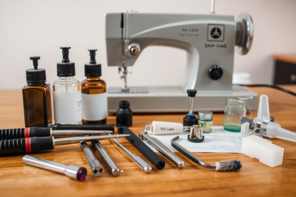 A well-organized DIY sewing machine maintenance kit resting on a wooden tabletop. In the foreground, an assortment of essential tools - screwdrivers, tweezers, oil bottles, and a small brush - neatly arranged. In the middle ground, the disassembled components of a sewing machine, including the needle, bobbin, and presser foot, showcasing the inner workings. The background features a soft, indirect lighting, creating a warm, inviting atmosphere perfect for a DIY project. The overall composition emphasizes the simplicity and practicality of maintaining a sewing machine at home, with a focus on the essential tools and parts required for the task.