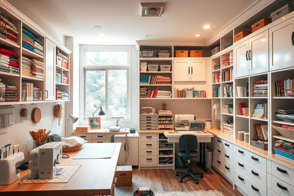 A well-organized craft room with an abundance of storage solutions. The foreground features a sturdy workbench with a sewing machine, crafting tools, and neatly arranged supplies. The middle ground showcases built-in shelves and cabinets, housing an array of fabric, paper, and other crafting materials. The background depicts a large window, allowing natural light to flood the space and create a warm, inviting atmosphere. The room is illuminated by a combination of task lighting and soft, ambient lighting, creating a harmonious and efficient workspace. The overall scene conveys a sense of productivity, organization, and a passion for crafting.