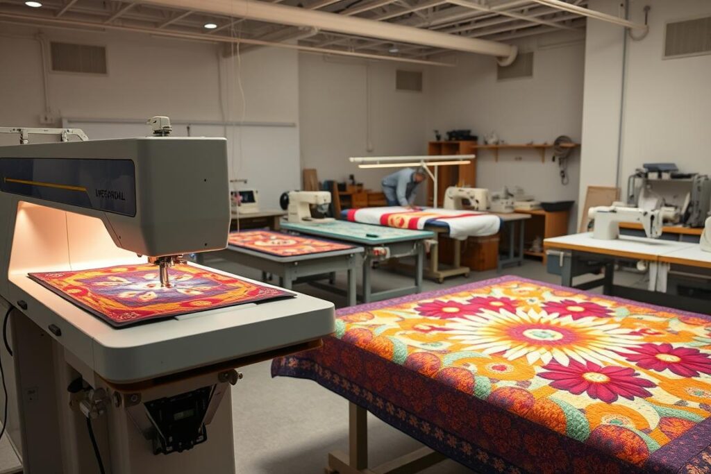 An array of high-tech quilting machines stand in a bright, well-lit studio. In the foreground, a modern computerized quilting machine hums softly, its needle gliding precisely across a vibrant, artfully pieced quilt top. In the middle ground, several industrial-grade quilting frames support intricate works in progress, their operators guiding the fabric with skilled hands. The background reveals a selection of specialized sewing machines, irons, and other quilting tools, all neatly arranged on sturdy workbenches, creating an atmosphere of creative productivity. Warm, diffused lighting casts a welcoming glow, capturing the innovative spirit of the modern quilting revolution.