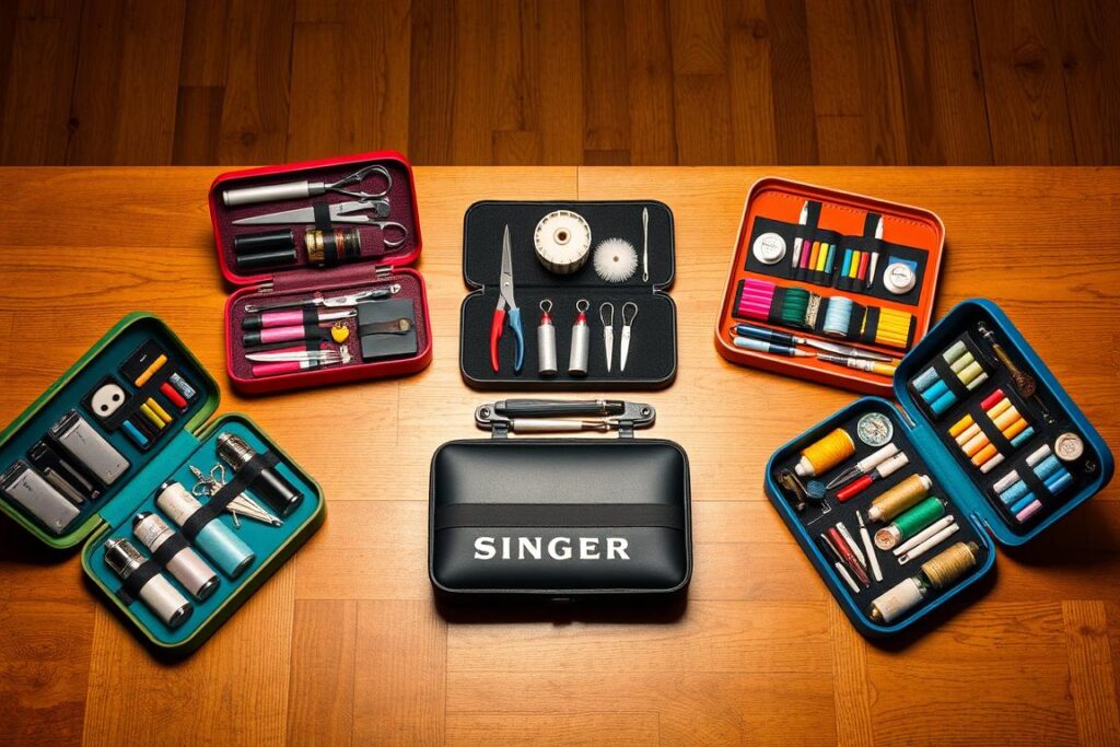 Arrayed on a wooden table, four sewing kits sit side by side, each showcasing its unique contents and design. In the center, the Singer Sew-It-Goes kit stands out, its sleek black case contrasting with the vibrant colors of the other kits. Close inspection reveals the abundance of tools within, including sharp scissors, a pincushion, and an array of threads in a spectrum of hues. The background is softly lit, emphasizing the textures and details of the items. The viewer is drawn to examine and compare the different sewing kits, appreciating the attention to functionality and organization within each one.