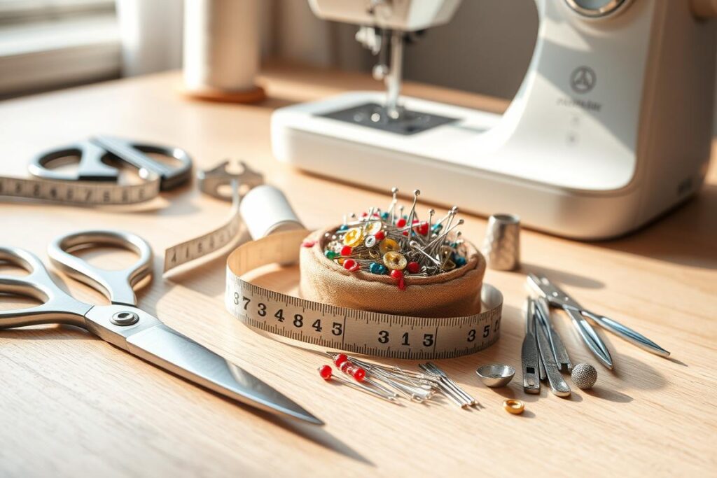 Meticulously crafted professional sewing tools arranged on a clean, well-lit wooden surface. In the foreground, a sharp pair of scissors, a measuring tape, and a selection of high-quality needles. In the middle ground, a pincushion overflowing with an assortment of pins, a seam ripper, and a thimble. In the background, a spool of thread and a sewing machine, its sleek design hinting at the power and precision it offers. The lighting is soft and natural, casting subtle shadows that add depth and dimension to the scene. The overall mood is one of order, efficiency, and the pride of a skilled craftsperson.